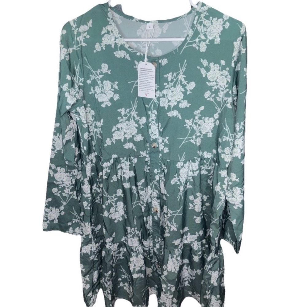 sage green floral long sleeved tiered dress